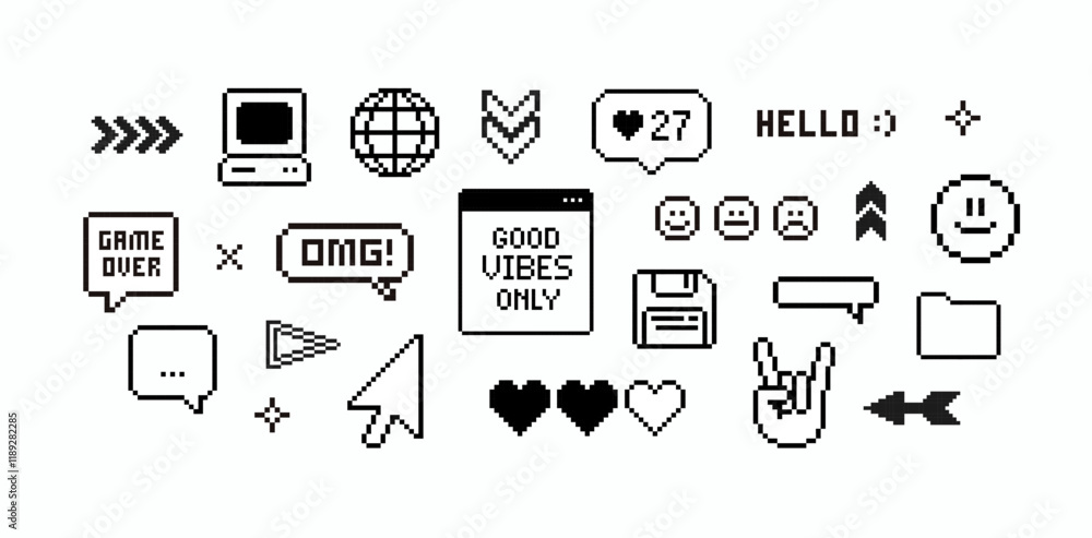 Poster pixel game elements and stickers of 90's aesthetics. 8-bit retro game background. trendy y2k geometr