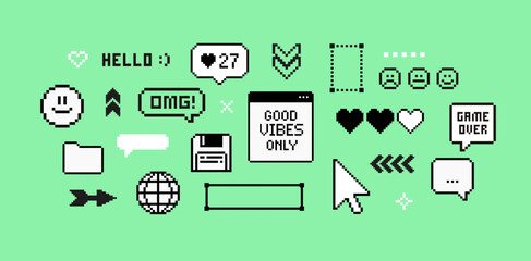 Pixel game elements set of 90's aesthetics. 8-bit retro style vector illustration. PC deckstop pixel icons background. Trendy geometric brutalism UI elements. Simple fpixel forms in geek style