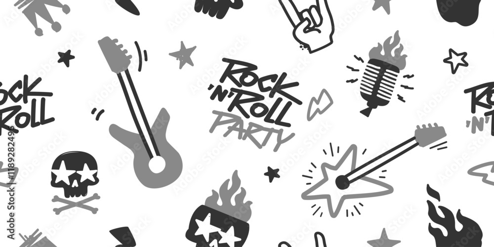 Poster rock music doodle seamless pattern for apparel print. pattern with funny rock n roll element set of 