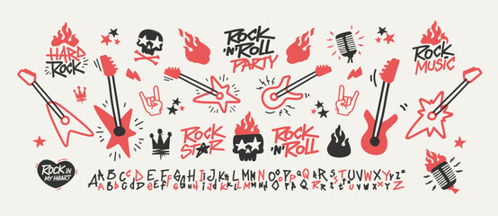 Rock Music and Punk Doodle signs collection for Rock Party and apparel print, pattern design. Rock n Roll pattern element set of guitar, skull, fire or flame, microphone, crown, font type, etc (set 2)