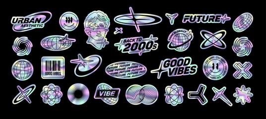 Perfect Y2K holographic stickers pack of text quotes label collection. Aesthetic of retro futurism 2000s stickers with text. Black and white cyberpunk style elements