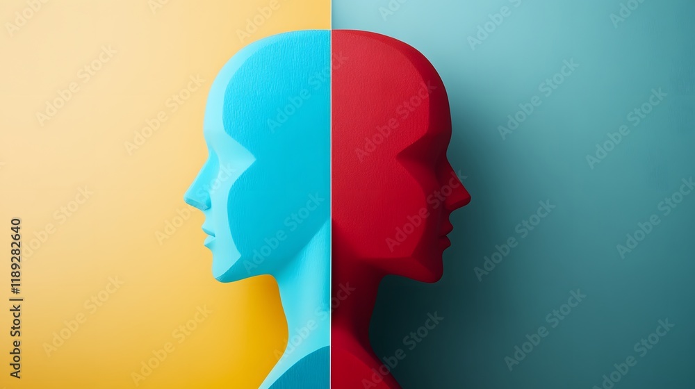 Poster Abstract profile silhouette on contrasting backgrounds illustrating duality and the interplay of color in creative and artistic expressions