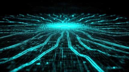 Obraz premium Futuristic Abstract Technology Background with Bright Cyan Lines and Patterns Creating a Radial Web Effect Representing Digital Connectivity and Innovation