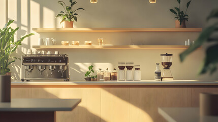 Sunlit Modern Coffee Shop Interior Design: Minimalist Cafe Bar Counter