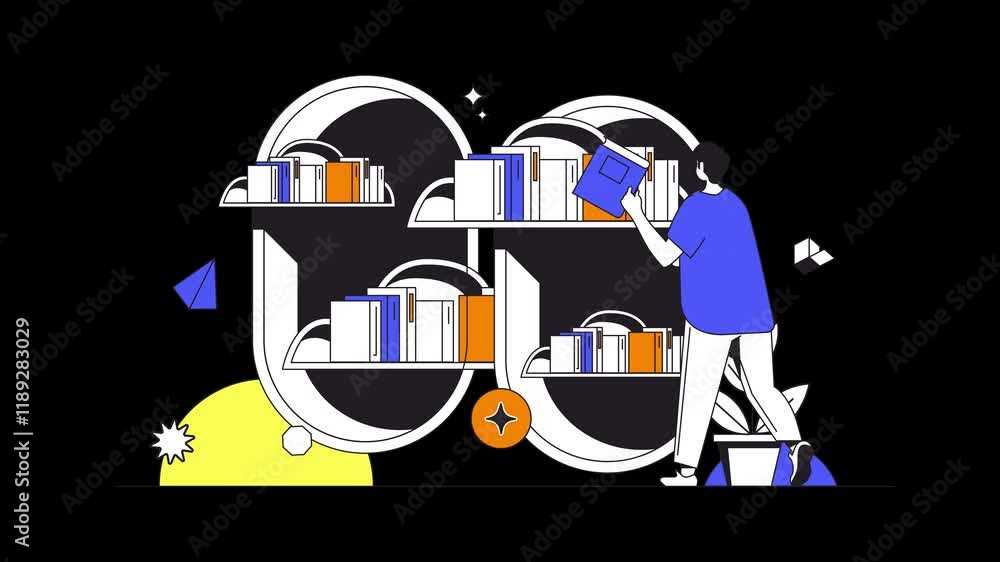 Poster a person placing a book on a modern bookshelf in a minimalistic design, showcasing a blend of colors