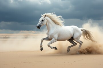 Obraz premium Epic White Horse Gallop Across Sandy Terrain