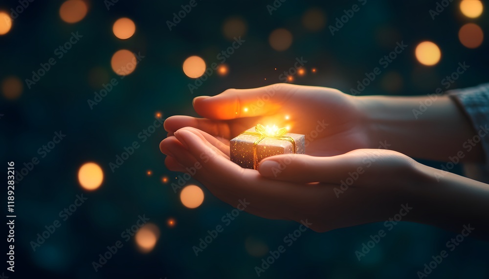 Poster delicate hands gently holding a shimmering gift box radiating soft light, surrounded by a dreamy bok