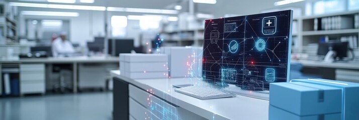 Medical delivery software displays supply chain routes on computer screen in healthcare office. Visual representation shows logistic management, efficiency. Technology used for mapping, scheduling