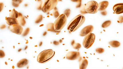 Obraz premium Floating giant pistachios hover against a clean white backdrop, showcasing their unique shapes and textures. The scene emphasizes the natural beauty of these delicious nuts.