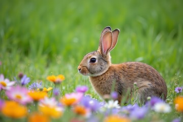 Fototapeta premium Calm Rabbit Amidst a Field of Flowers