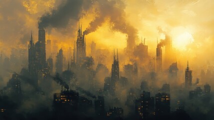 Fototapeta premium Dense smog envelops a sprawling cityscape illuminated by the fading sunlight, highlighting the stark contrast between nature and urban life. Smoke billows from buildings, emphasizing pollution