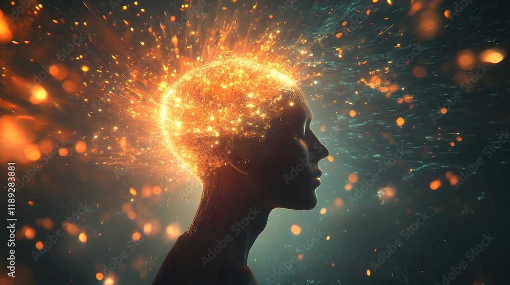 Poster an ethereal representation of a human silhouette with an explosive display of light, color, and ener