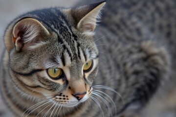Serious Gaze: A Close-Up of a Gray and Black Cat