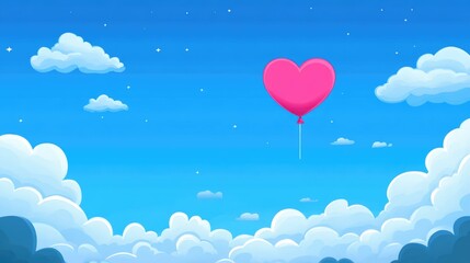 A vibrant heart-shaped balloon drifts through a clear blue sky, surrounded by soft, white clouds, capturing the essence of love and romance on Valentine's Day