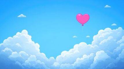Fototapeta premium A vibrant pink heart-shaped balloon drifts above fluffy white clouds in a clear blue sky. This scene evokes feelings of love and romance, perfect for Valentine's Day