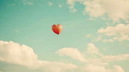 Obraz premium A heart-shaped balloon drifts gracefully through a bright blue sky filled with soft, fluffy clouds, celebrating love and affection during Valentine's Day