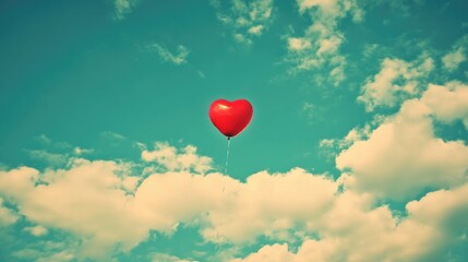 Fototapeta premium A bright red heart-shaped balloon rises gracefully against a backdrop of fluffy clouds and a clear blue sky, celebrating the essence of Valentine's Day