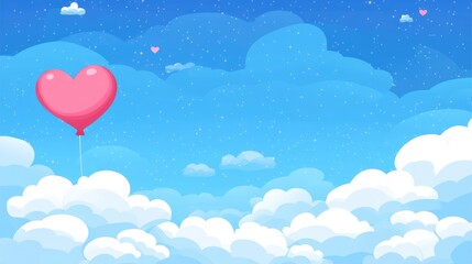 Obraz premium Fluffy clouds fill the sky, adorned with cheerful heart-shaped balloons that rise high, symbolizing love and romance on Valentine's Day