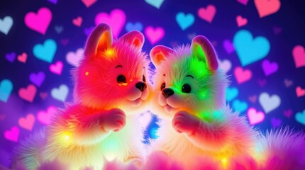 Fototapeta premium Two adorable plush animals face each other, glowing with vibrant colors against a backdrop filled with heart shapes, symbolizing love and affection during Valentine's Day