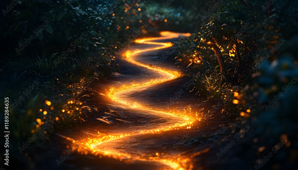 Poster enchanting pathway of glowing light amidst lush greenery and twinkling fireflies in a magical forest