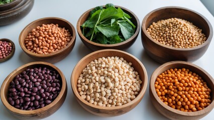 Vibrant assortment of legumes in wooden bowls