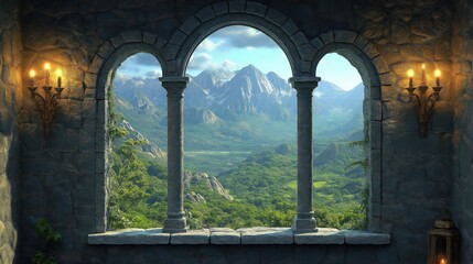 Fototapeta premium Ancient castle window overlooks stunning mountain range, valley. Calm scene with warm candlelight illuminating interior. Medieval architecture offers peaceful view from high vantage point. Serene