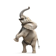 Obraz premium Majestic African Elephant Standing on Hindlegs with Reaching Trunk on White Background
