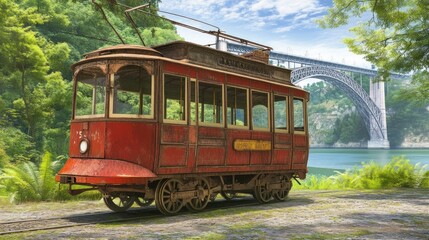 Obraz premium Vintage Red Tram by Riverside with Scenic Bridge in Background for Travel and Art