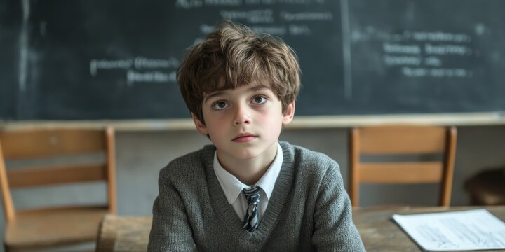 A thoughtful young boy sits in an old classroom, looking up with curiosity. His gray sweater and tie give him a classic schoolboy look. This portrait captures innocence and contemplation. AI