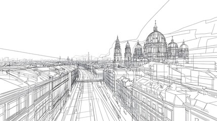 3D wireframe vector illustration of Berlin city featuring the Brandenburg Gate. concept for architectural design, cityscape visualization, historical landmarks, urban engineering or tourism promotion.