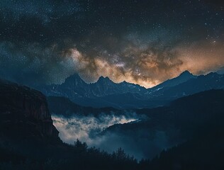 A panoramic view of the Milky Way over misty mountains, with stars twinkling in the night sky. 