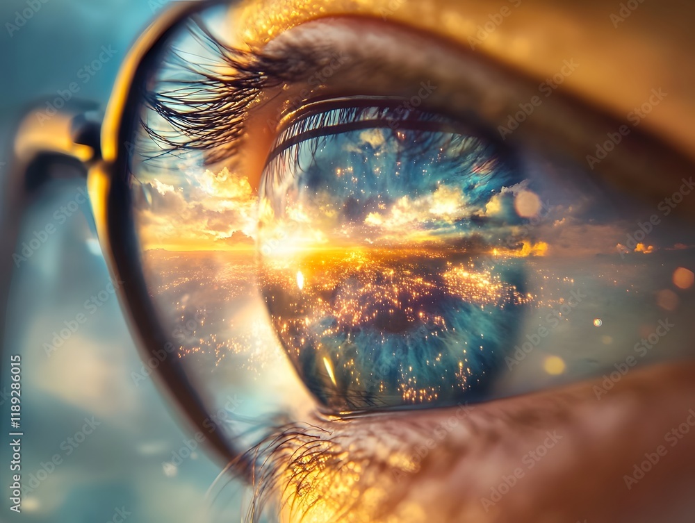 Aufkleber captivating macro view of an eye reflecting a vibrant sunset over a cityscape, blending nature and u