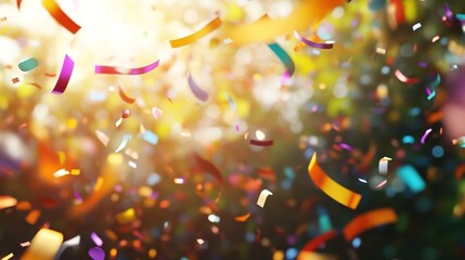 The background is blurred, with colorful ribbons and confetti falling from the sky, creating an atmosphere of celebration for New Year's Day. 