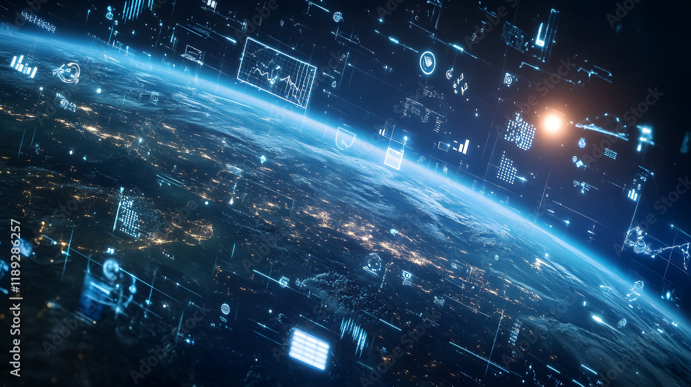 Poster tech devices and icons connect to a digital representation of planet earth.