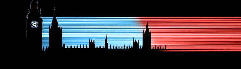 Obraz premium Stunning Artistic Representation of the Iconic Big Ben and Parliament in Silhouette with Colorful Dynamic Background Lines Evoking a Sense of Motion and Energy