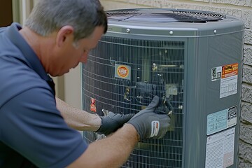 Technician Inspecting Air Conditioner: Detailed Close-Up in Natural Light