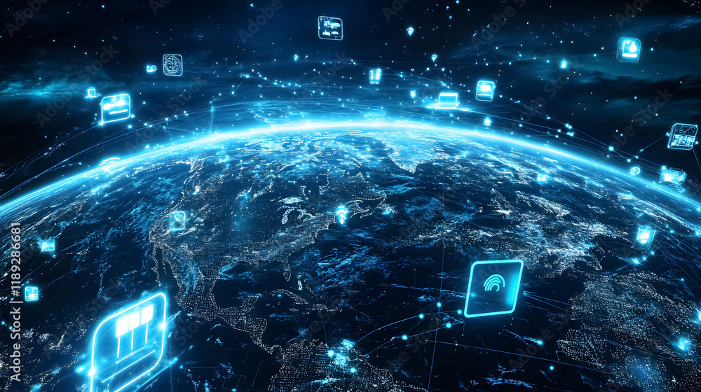 Poster tech devices and icons connect to a digital representation of planet earth.