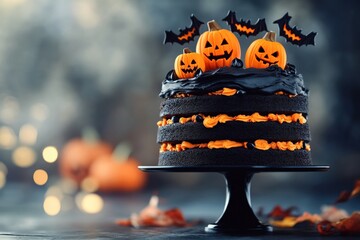 Halloween cake with pumpkin decorations on a cake stand