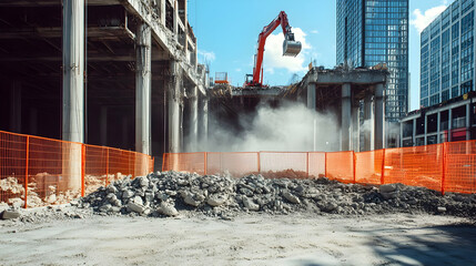Demolition of a Building in the City. Heavy Machinery and Construction Site