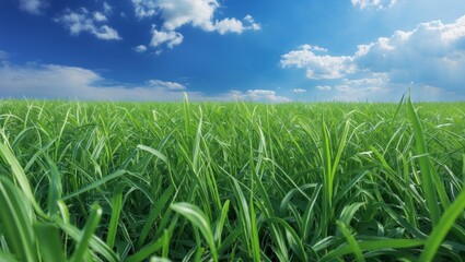 Obraz premium Vibrant green grass field under a clear blue sky