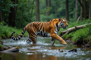 Fototapeta premium Majestic Tiger Crossing a Stream in a Lush Forest