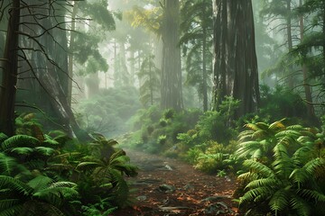 Fototapeta premium a natural landscape with dense forest with large trees and different botanical diversities in daylight