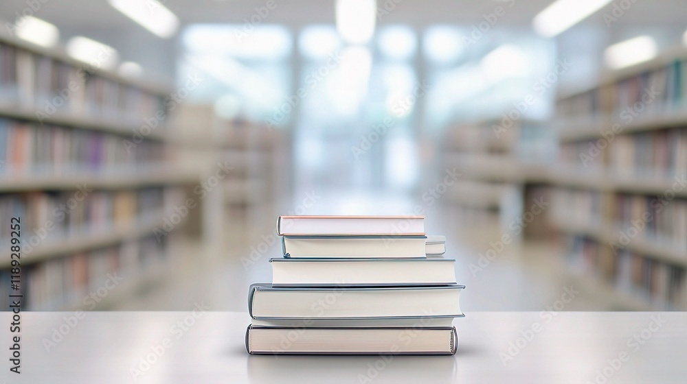 Poster white table displaying books and stationery with a blurred background