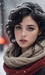 A close-up portrait of a woman, with snowflakes, capturing the serene calmness of a snowy day
