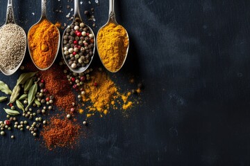 A variety of spices displayed in silver spoons against a black background showcasing different colors and textures, perfect for culinary exploration in any kitchen setting