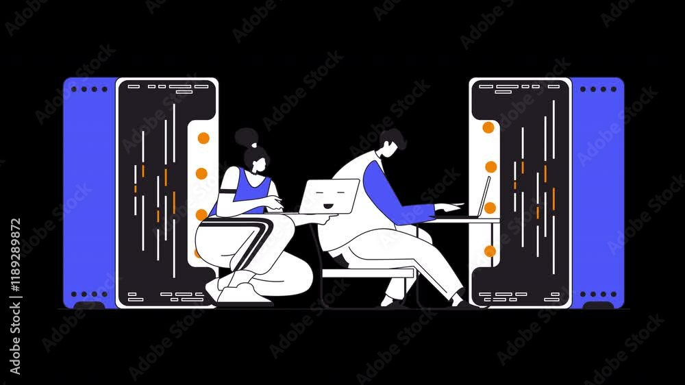 Poster two characters working together on laptops in a modern setting, one dressed in casual attire and the