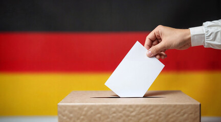 eine hand wirf ein wahlzettel in die wahlurne, deutschland flagge 