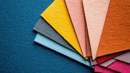 Close-up of vibrant felt sheets fanned out, showcasing a rich palette of colors against a textured backdrop, evoking creativity and warmth.