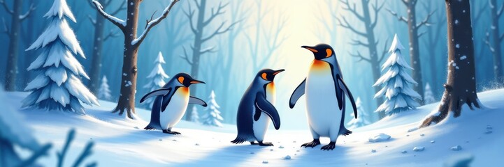 Obraz premium Celebrating penguin day with adorable penguins in a snowy forest landscape captivating wildlife photography
