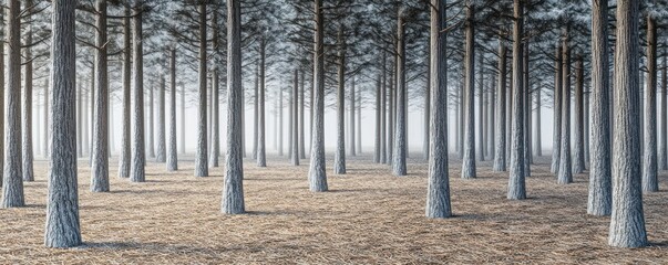 Obraz premium Serene Pine Forest at Dawn with Misty Background - Tranquil Nature Scene